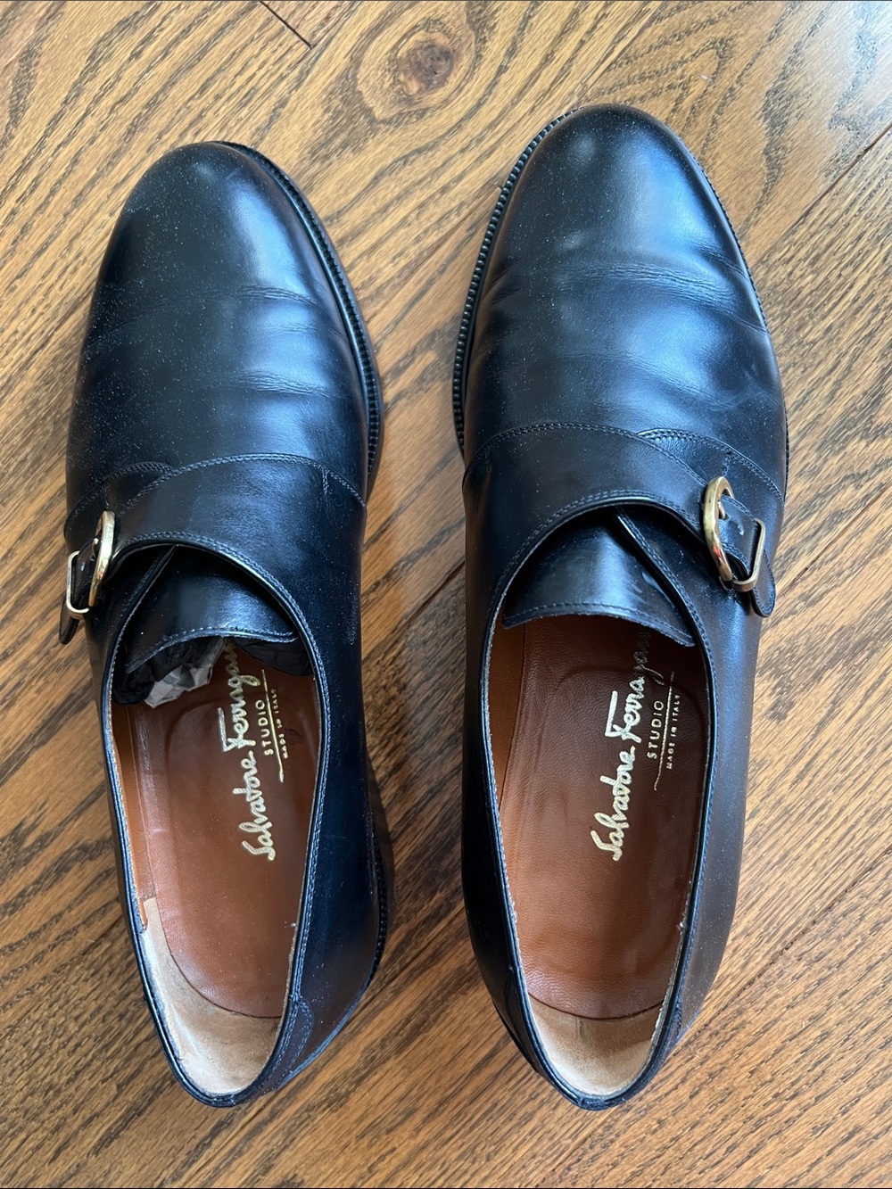 Salvatore Ferragamo Black Leather Single Monk Strap Loafers
